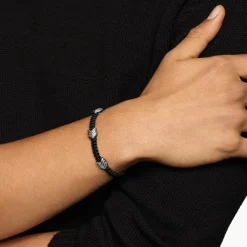 David Yurman Chevron Woven Station Bracelet Black Nylon with Sterling Silver and Black Onyx
