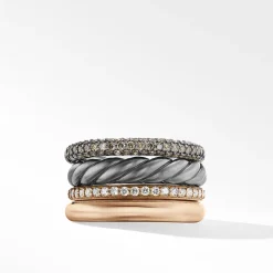 David Yurman DY Mercer™ Melange Multi Row Ring in Sterling Silver with 18ct Rose Gold and Pavé Diamonds
