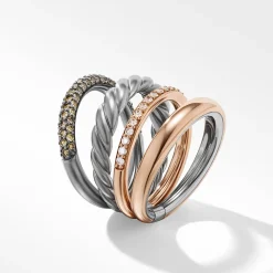 David Yurman DY Mercer™ Melange Multi Row Ring in Sterling Silver with 18ct Rose Gold and Pavé Diamonds