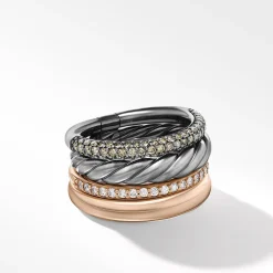 David Yurman DY Mercer™ Melange Multi Row Ring in Sterling Silver with 18ct Rose Gold and Pavé Diamonds
