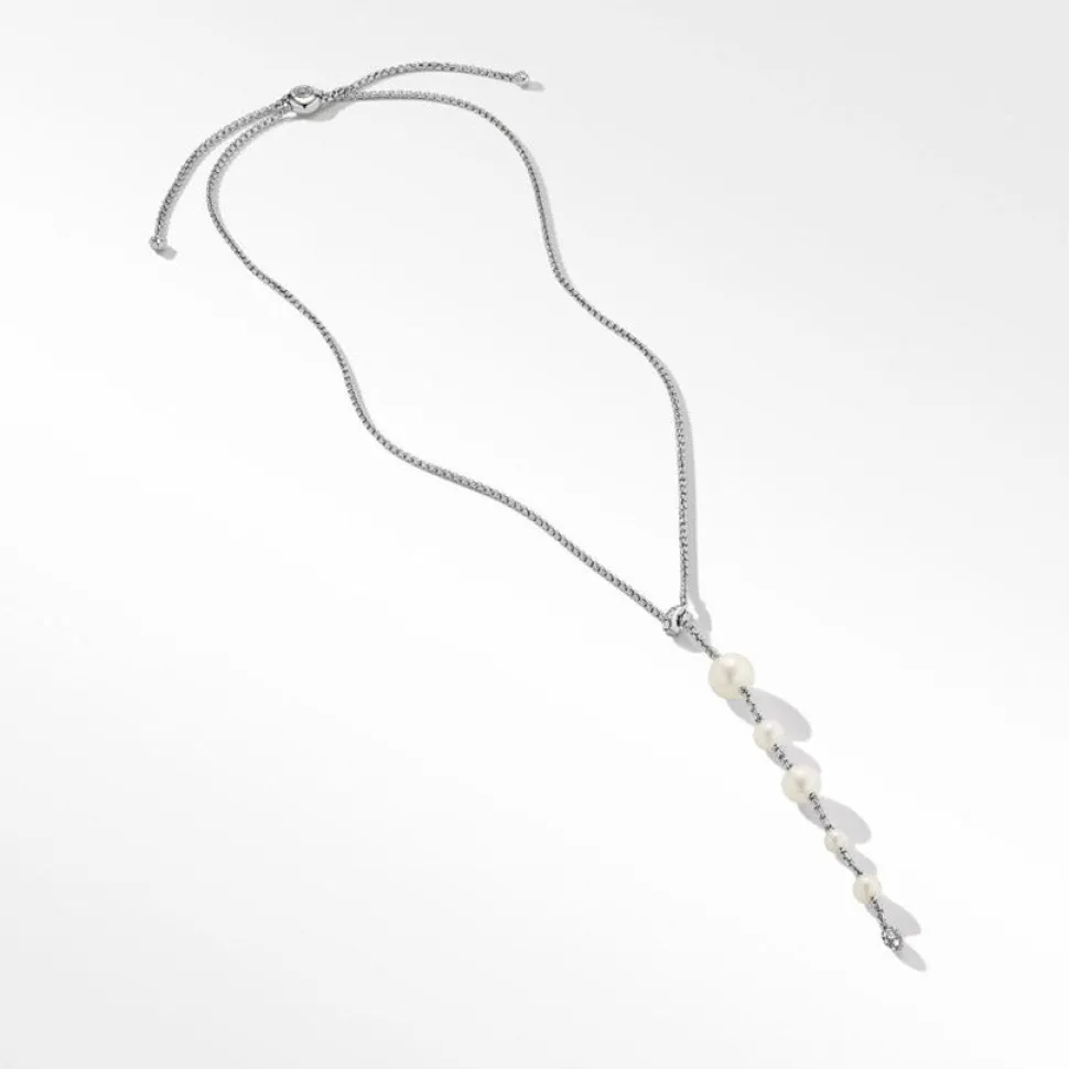 David Yurman Pearl and Pavé Y Necklace in Sterling Silver with Diamonds