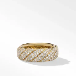 David Yurman Sculpted Cable Band Ring in 18ct Yellow Gold with Pavé Diamonds