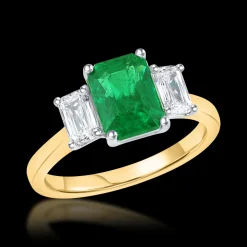 Three Stone 1.63ct Emerald and Diamond Yellow Gold Ring