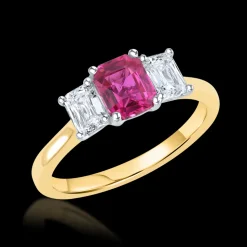 Three Stone 1.04ct Pink Sapphire and Diamond Yellow Gold ring