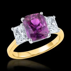 Three Stone 3.15ct Purple Sapphire and Diamond Yellow Gold Ring