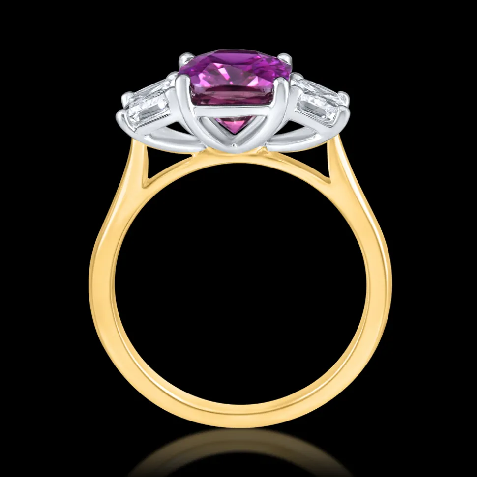 Three Stone 3.15ct Purple Sapphire and Diamond Yellow Gold Ring
