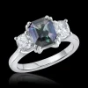 Three stone 2.42ct Teal Sapphire and Diamond Platinum Ring