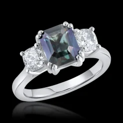 Three stone 2.42ct Teal Sapphire and Diamond Platinum Ring