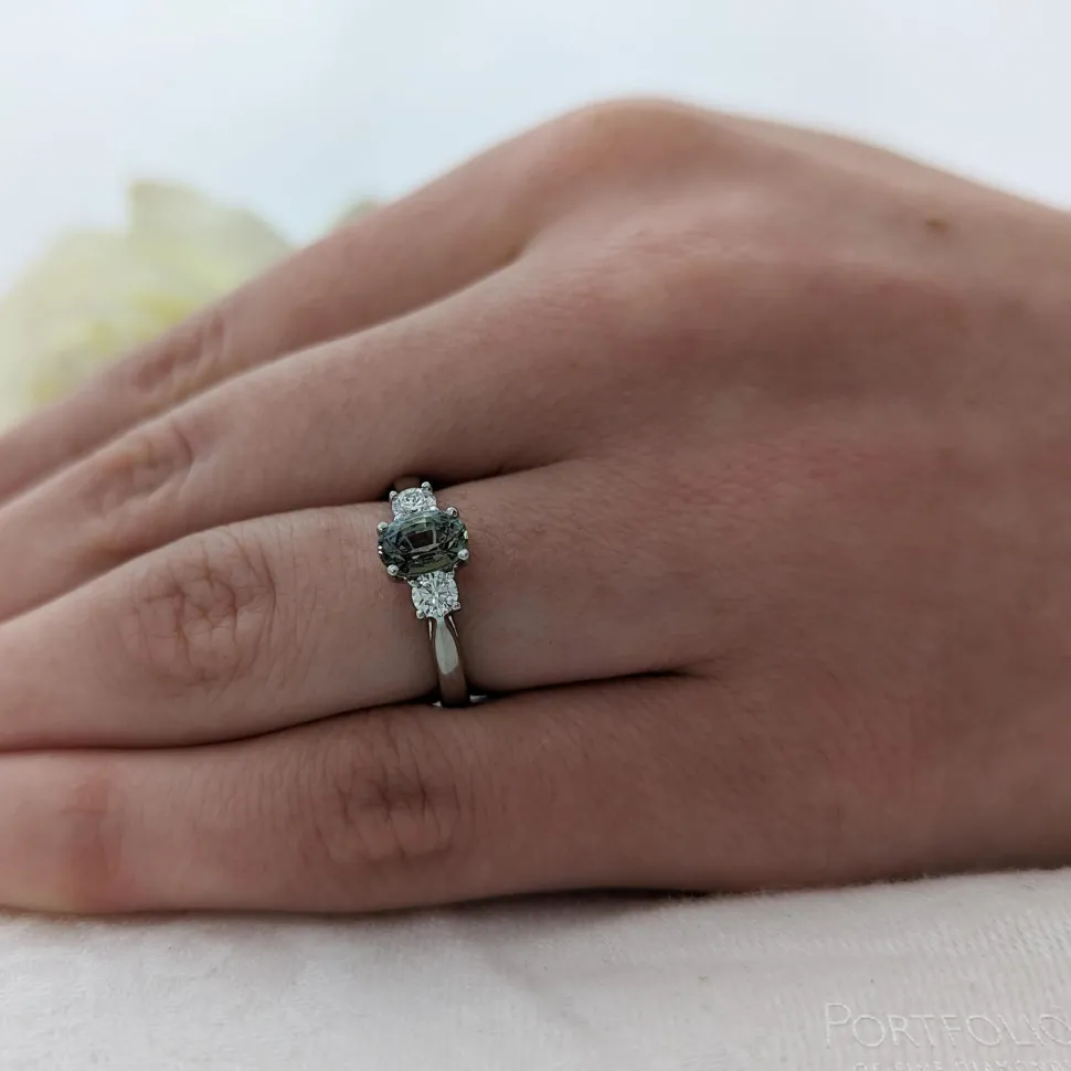 Three Stone 1.27ct Teal Sapphire Platinum Ring