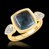 Three Stone Sugar Loaf Tourmaline and Diamond Yellow Gold Ring