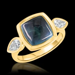 Three Stone Sugar Loaf Tourmaline and Diamond Yellow Gold Ring