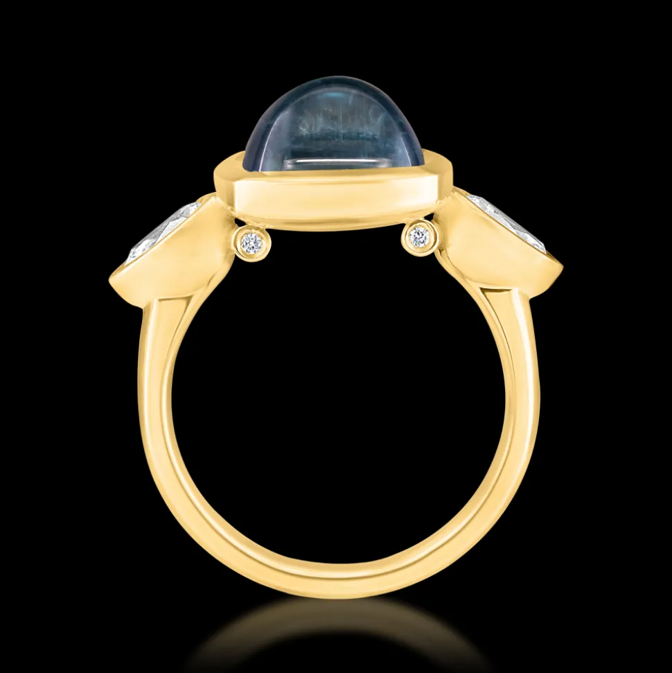 Three Stone Sugar Loaf Tourmaline and Diamond Yellow Gold Ring